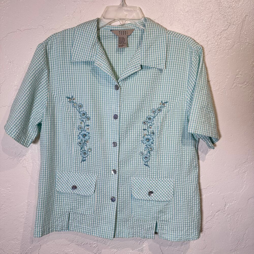 Teddi Seersucker Size Large Button Down Short Sleeve Embroidered Top Vintage